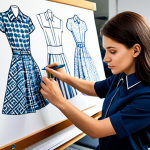 A professional female fashion designer, wearing a modest yet stylish studio uniform, is focused on sketching a new collection on a large drawing board. The vibrant, well-lit design studio showcases rolls of high-quality fabrics, intricate pattern samples, and neatly organized design tools in the background. The atmosphere is calm and creatively inspiring, emphasizing the artistic and technical aspects of fashion creation. Fully clothed, appropriate attire, safe for work, perfect anatomy, correct proportions, well-formed hands, natural body proportions, professional photography, high quality, professional dress, appropriate content.