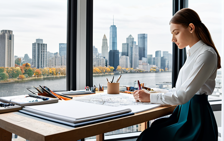 **

A professional fashion designer, fully clothed in stylish and modest attire, sketching designs at a bright, modern studio with large windows overlooking a city skyline. The studio is filled with fabrics, mood boards, and design tools. Perfect anatomy, correct proportions, natural pose, well-formed hands, proper finger count, natural body proportions, high quality, professional photography, safe for work, appropriate content, family-friendly.

**