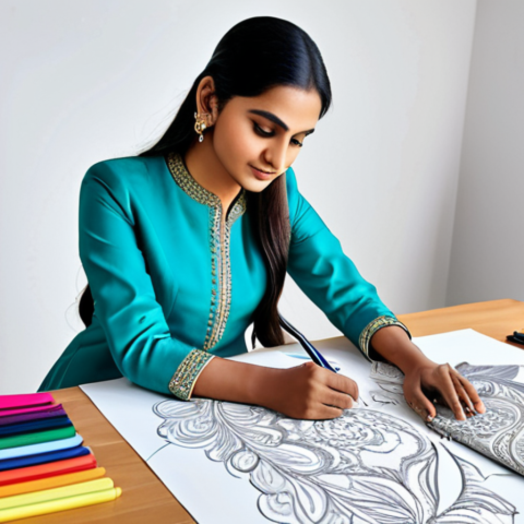 **

"A professional Indian fashion designer, fully clothed in a modest salwar kameez, sketching designs in a vibrant studio filled with fabric swatches, appropriate attire, safe for work, perfect anatomy, natural pose, high-quality rendering."

**