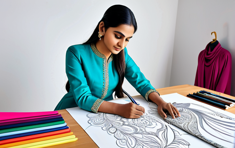 **

"A professional Indian fashion designer, fully clothed in a modest salwar kameez, sketching designs in a vibrant studio filled with fabric swatches, appropriate attire, safe for work, perfect anatomy, natural pose, high-quality rendering."

**