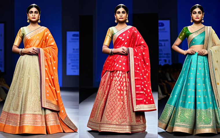 Fusion of Tradition and Modernity**

A fashion show featuring a model wearing a Banarasi saree repurposed as a modern gown, fully clothed, appropriate attire, safe for work, perfect anatomy, natural proportions, professional photography, high quality, professional setting, modest clothing.

**