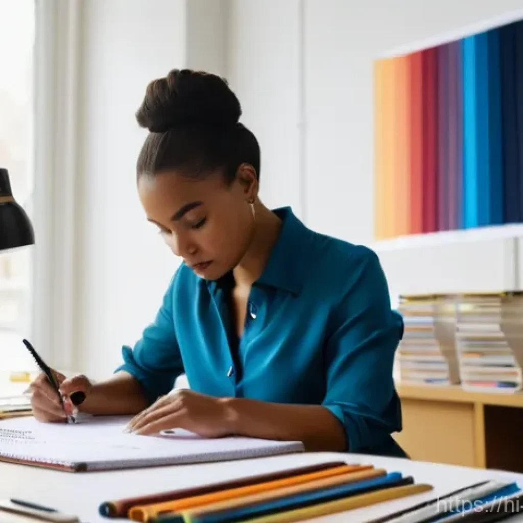 패션디자인과 의상학의 차이 - **Prompt:** A diverse, female fashion designer in her early 30s, dressed in a stylish yet profession...