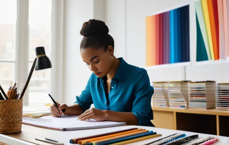 패션디자인과 의상학의 차이 - **Prompt:** A diverse, female fashion designer in her early 30s, dressed in a stylish yet profession...