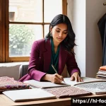 패션디자인과 패션기획서 작성 - **Inspiration Unleashed: The Designer's Realm**
    A female fashion designer, appearing to be in he...