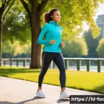 패션디자인과 기능성 의류 - **Prompt:** "A confident young woman is enjoying a brisk walk in a modern, vibrant urban park. She i...