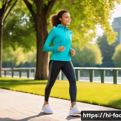 패션디자인과 기능성 의류 - **Prompt:** "A confident young woman is enjoying a brisk walk in a modern, vibrant urban park. She i...