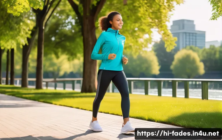 패션디자인과 기능성 의류 - **Prompt:** "A confident young woman is enjoying a brisk walk in a modern, vibrant urban park. She i...