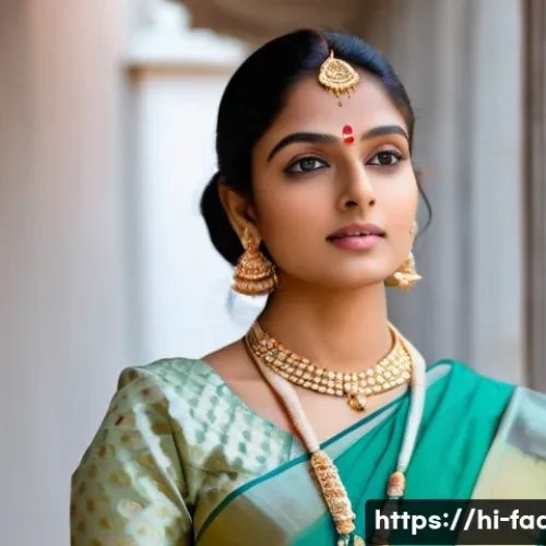 패션 트렌드 분석 - A stylish young Indian woman wearing a pastel-colored silk saree with subtle embroidery, paired with...