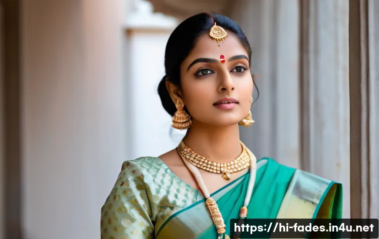 패션 트렌드 분석 - A stylish young Indian woman wearing a pastel-colored silk saree with subtle embroidery, paired with...