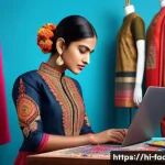 패션디자인과 패션유튜브 - A vibrant fashion designer studio scene showcasing a young Indian designer working on a traditional ...