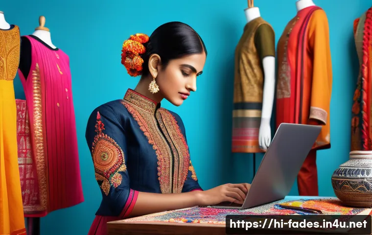 패션디자인과 패션유튜브 - A vibrant fashion designer studio scene showcasing a young Indian designer working on a traditional ...