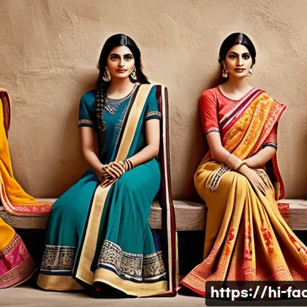 패션디자인과 패션뮤지엄 - A vibrant fashion scene showcasing traditional Indian attire with intricate block prints and embroid...