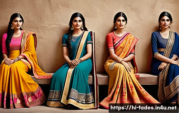 패션디자인과 패션뮤지엄 - A vibrant fashion scene showcasing traditional Indian attire with intricate block prints and embroid...