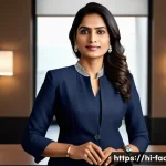 패션디자인과 패션브랜딩 전략 - A confident Indian professional woman in her 30s wearing a stylish yet comfortable office suit made ...