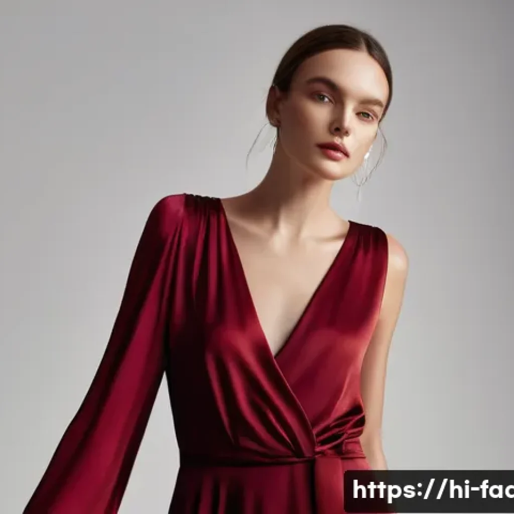 패션 에디토리얼 디자인 - A vibrant fashion editorial scene featuring a female model wearing a deep red silk dress with a soft...