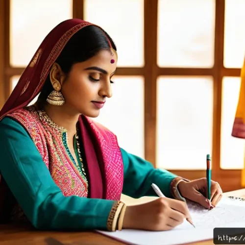 패션디자인과 패션브랜드 네이밍 - A vibrant fashion designer workspace inspired by Indian culture, featuring colorful traditional patt...