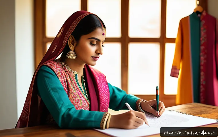 패션디자인과 패션브랜드 네이밍 - A vibrant fashion designer workspace inspired by Indian culture, featuring colorful traditional patt...