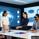 패션디자인과 패션디지털화 - A futuristic fashion studio scene showing a diverse group of designers collaborating remotely using ...