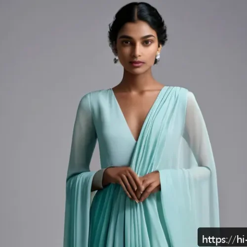 패션디자인과 패션드레이핑 - A graceful female model wearing an elegant front drape outfit made from flowing silk and georgette f...