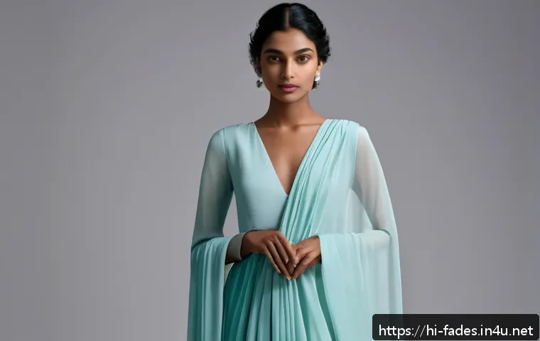 패션디자인과 패션드레이핑 - A graceful female model wearing an elegant front drape outfit made from flowing silk and georgette f...