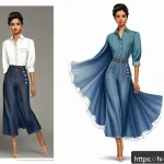Home 20 패션 테크니컬 드로잉 - A detailed fashion sketch featuring a female human figure with accurate proportions, wearing a conte...