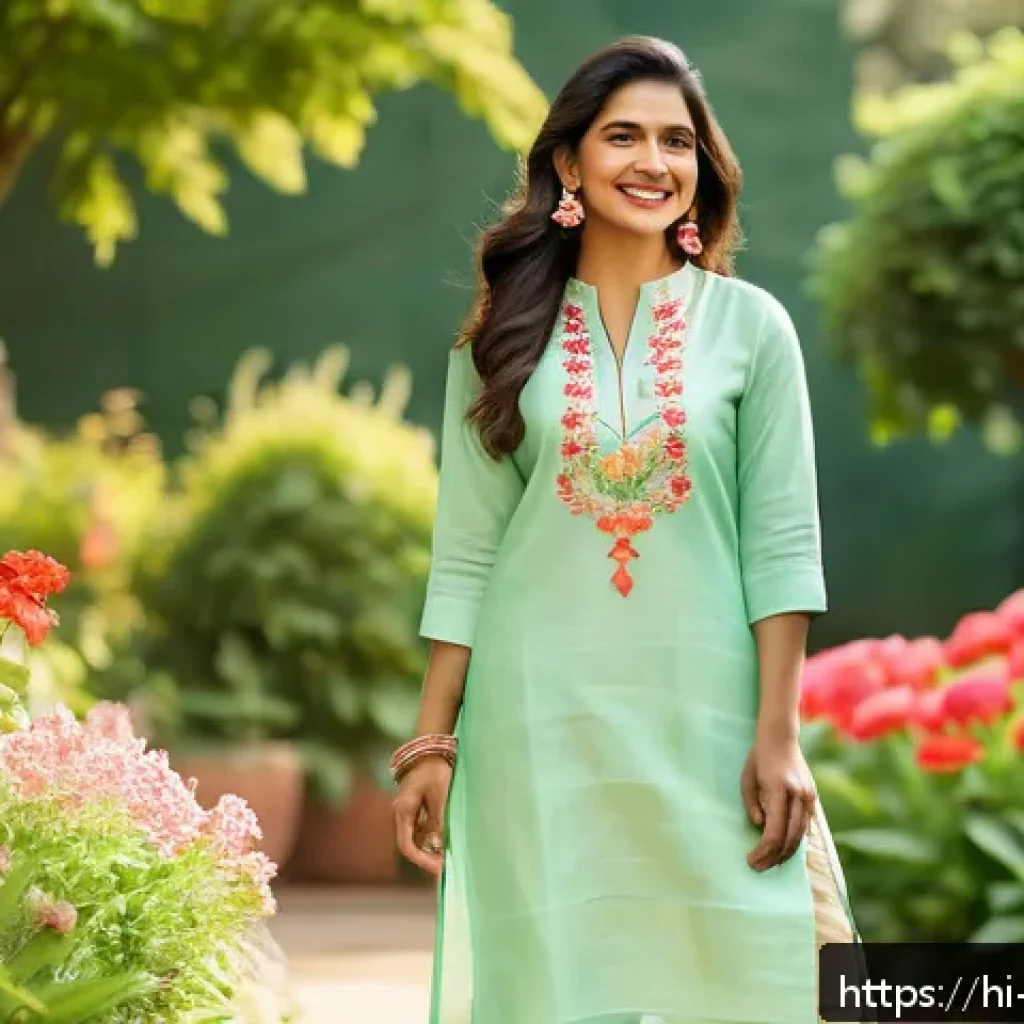 패션디자인과 패션의상 스타일링 - A stylish Indian woman in her mid-20s dressed in pastel-colored linen kurta with subtle embroidery, ...