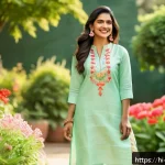 Home 19 패션디자인과 패션의상 스타일링 - A stylish Indian woman in her mid-20s dressed in pastel-colored linen kurta with subtle embroidery, ...