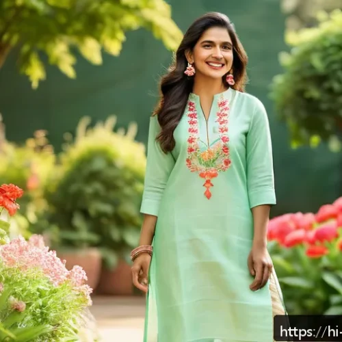 Home 31 패션디자인과 패션의상 스타일링 - A stylish Indian woman in her mid-20s dressed in pastel-colored linen kurta with subtle embroidery, ...