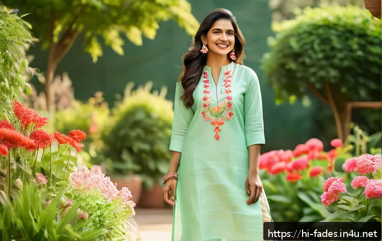 패션디자인과 패션의상 스타일링 - A stylish Indian woman in her mid-20s dressed in pastel-colored linen kurta with subtle embroidery, ...