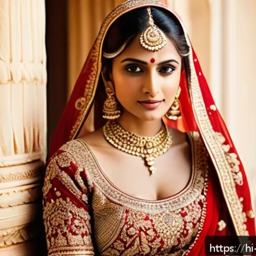 Home 30 패션디자인과 웨딩드레스 디자인 - A traditional Indian bride wearing a richly embroidered silk lehenga in deep red and gold tones, fea...
