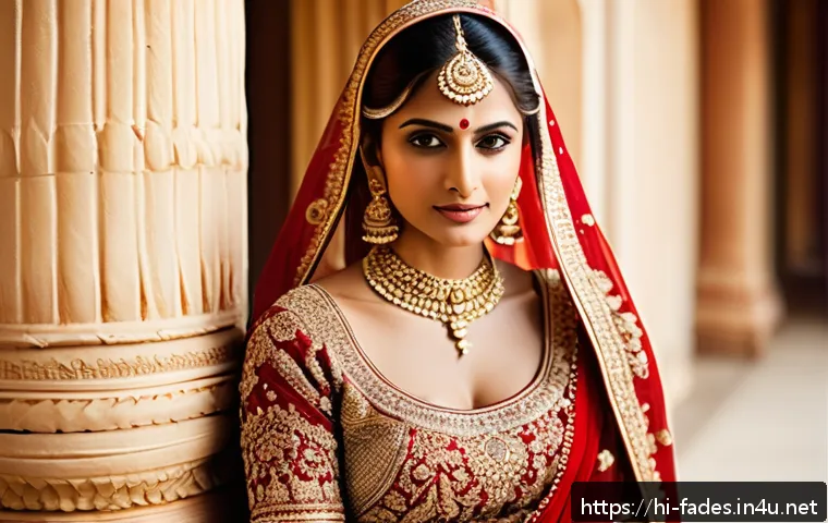 패션디자인과 웨딩드레스 디자인 - A traditional Indian bride wearing a richly embroidered silk lehenga in deep red and gold tones, fea...