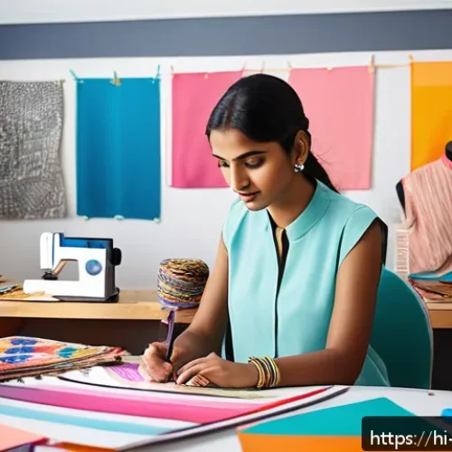 Home 17 패션디자인과 글로벌 패션 비즈니스 - A vibrant fashion design studio scene featuring a young Indian fashion designer with creative expres...