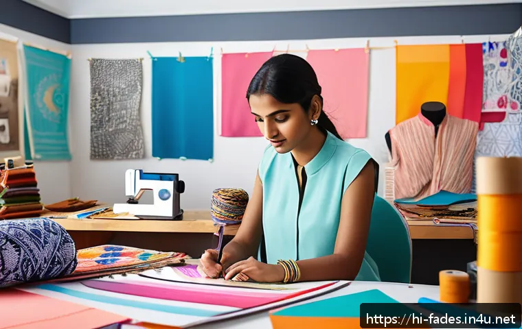 패션디자인과 글로벌 패션 비즈니스 - A vibrant fashion design studio scene featuring a young Indian fashion designer with creative expres...