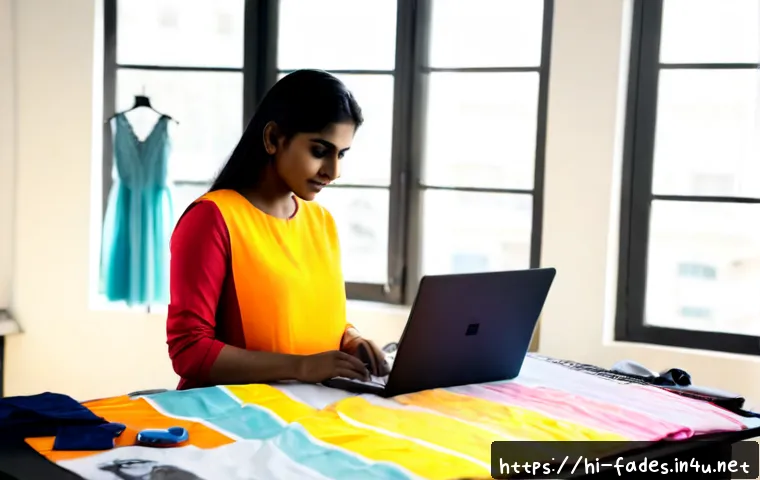 패션디자인과 온라인 쇼핑몰 - Photorealistic Indian fashion designer arranging colorful fabric swatches, clothing sketches, measur...